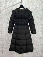 Black long puffer coat with hood and zip back view