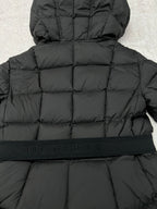 Moncler logo waistband on black long puffer coat
