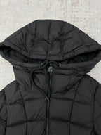 Dark puffer coat hood with adjustable drawcord and front zipper