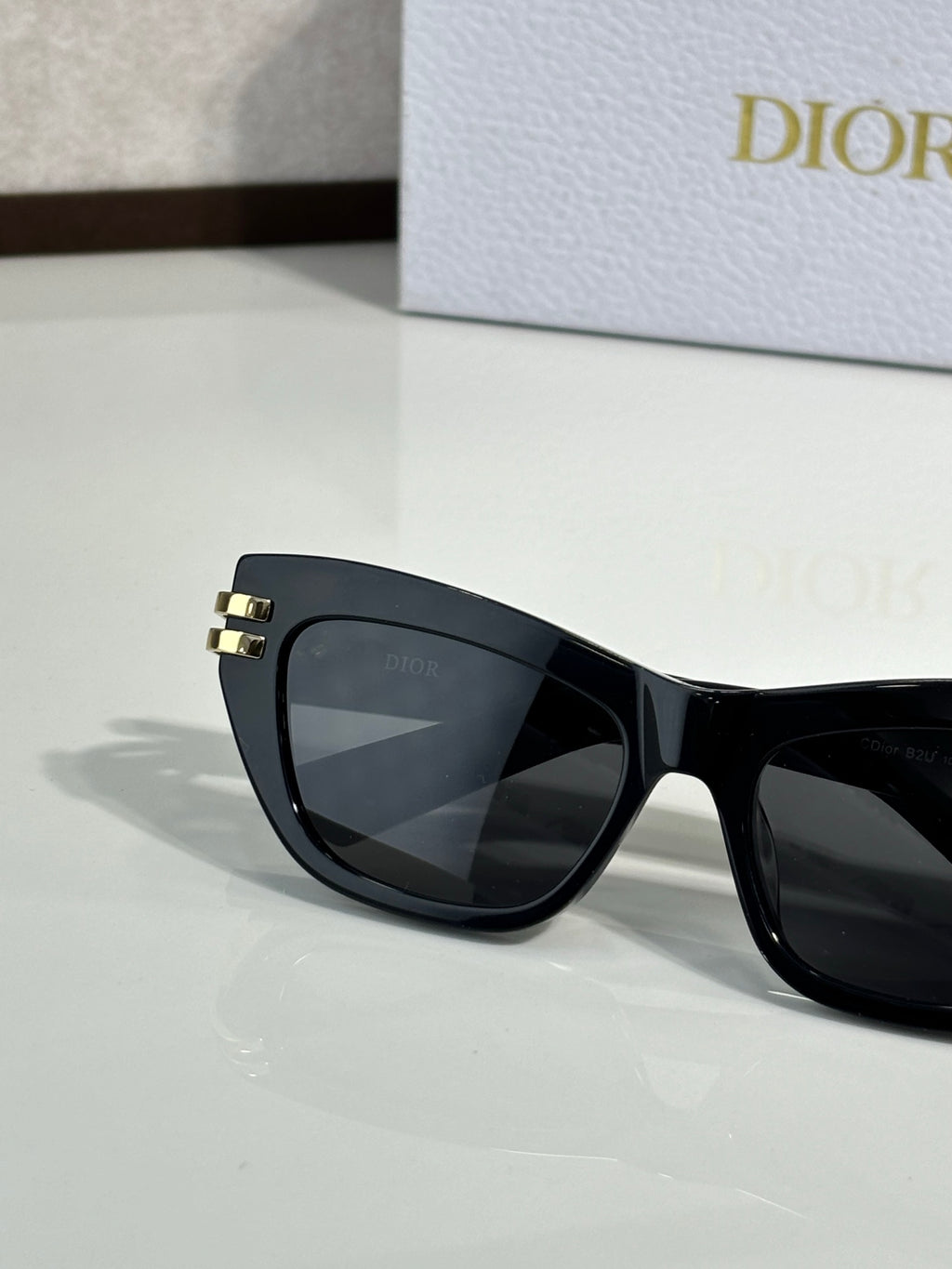 Dior sunglasses close view, black frame with dark lens and gold hinge detail