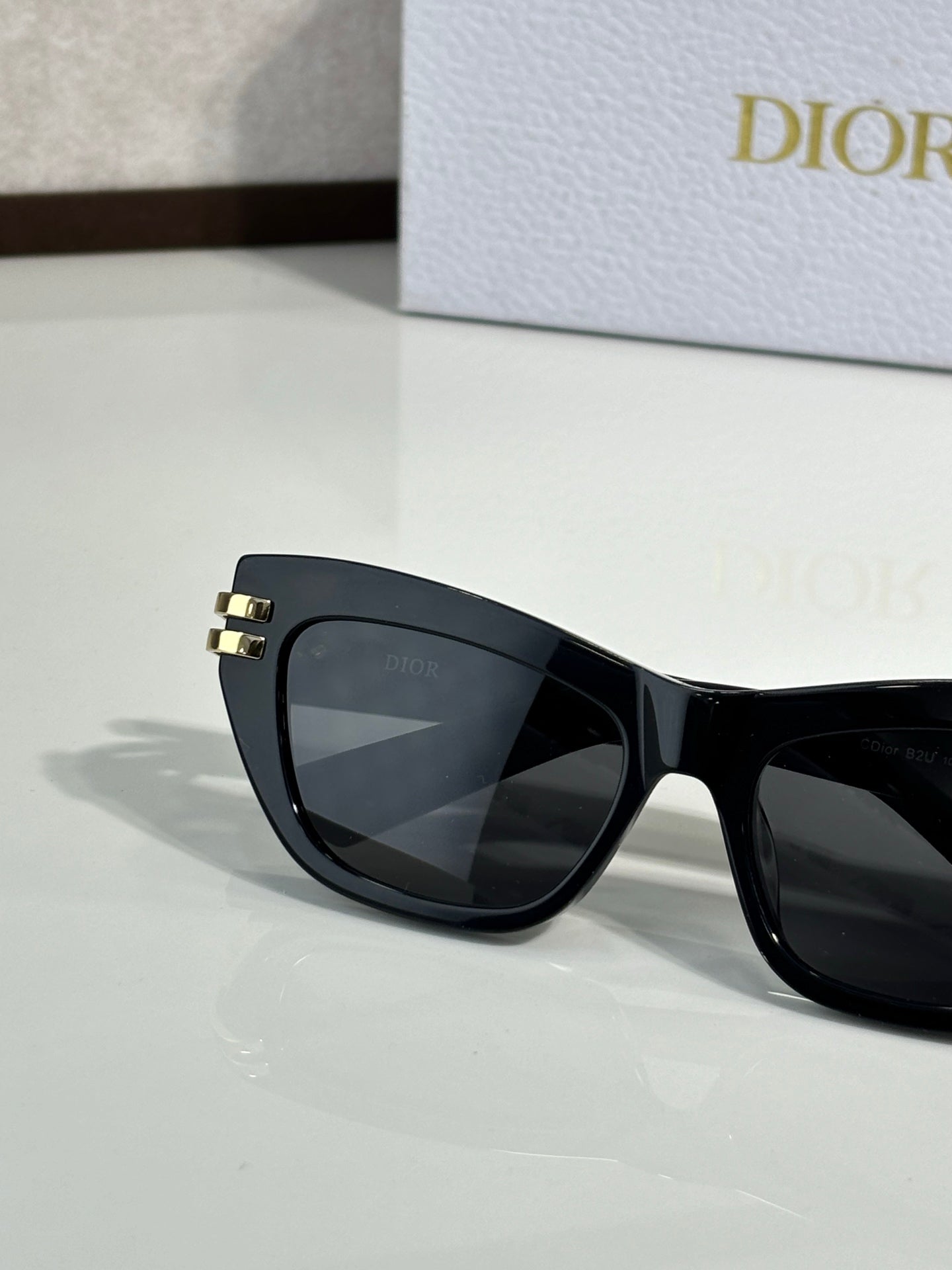 Dior sunglasses close view, black frame with dark lens and gold hinge detail