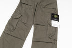 Stone Island olive cargo pants close-up of side pockets and brand tag on leg