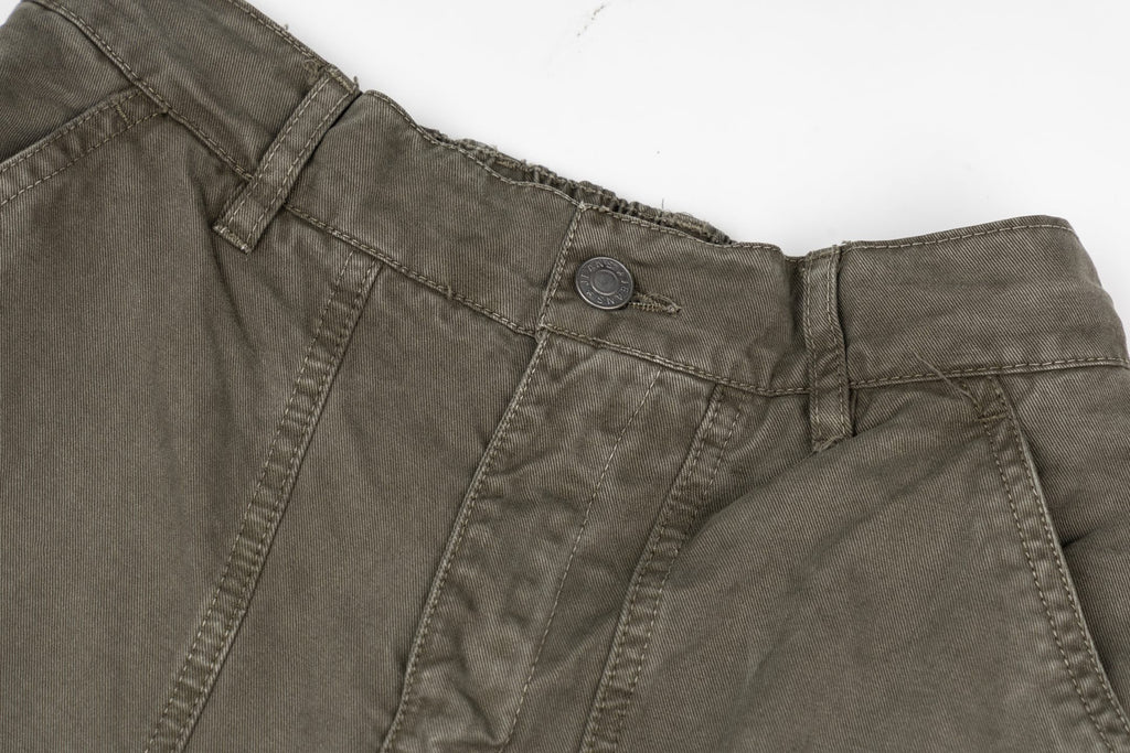 Stone Island olive cargo pants front with zip fly, belt loops, and stitched seams