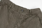 Stone Island olive cargo pants front with zip fly, belt loops, and stitched seams