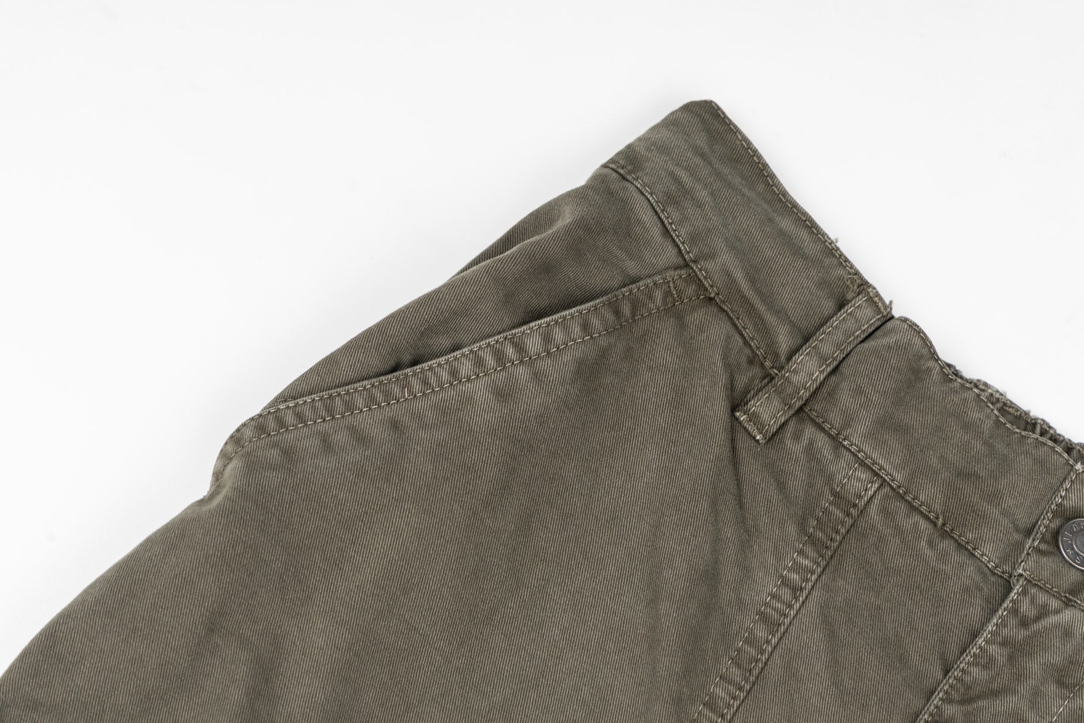Stone Island olive cargo pants back yoke with side seam and pocket details