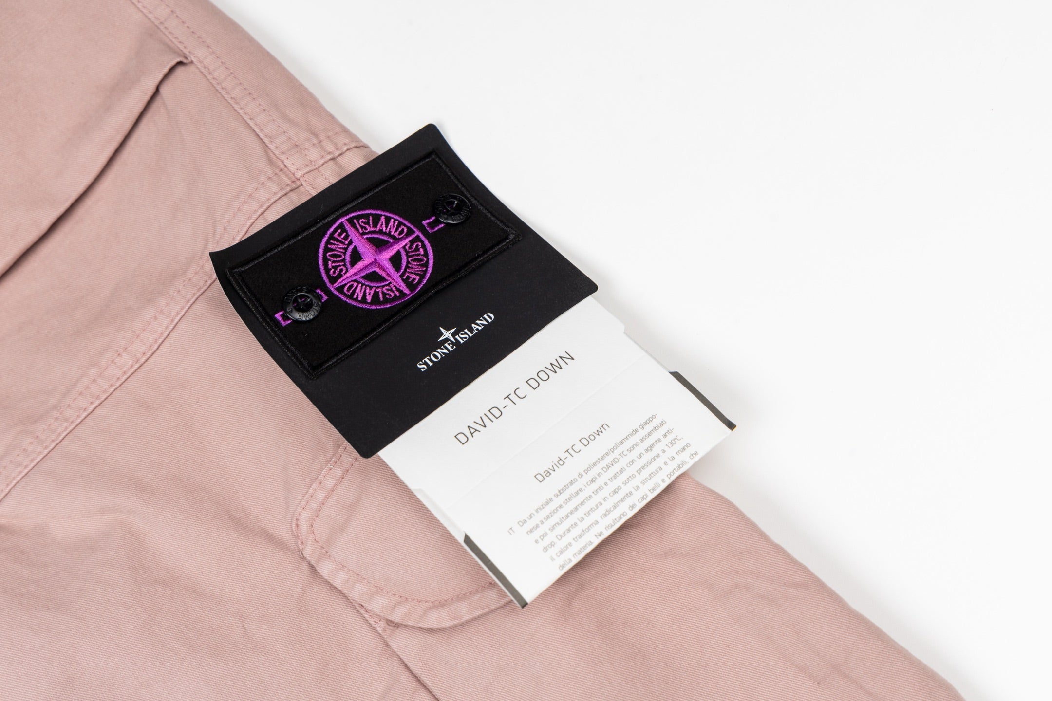 Stone Island cargo trousers, light pink, with brand tag on waistband