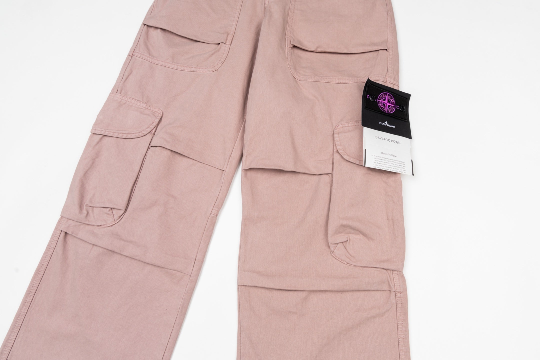 Stone Island cargo trousers, light pink, front pocket panels and button placket