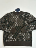Crewneck knit sweater with dark allover logo-style pattern and ribbed neckline