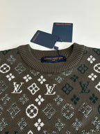 Crewneck knit sweater neckline with dark ribbed collar and allover pattern