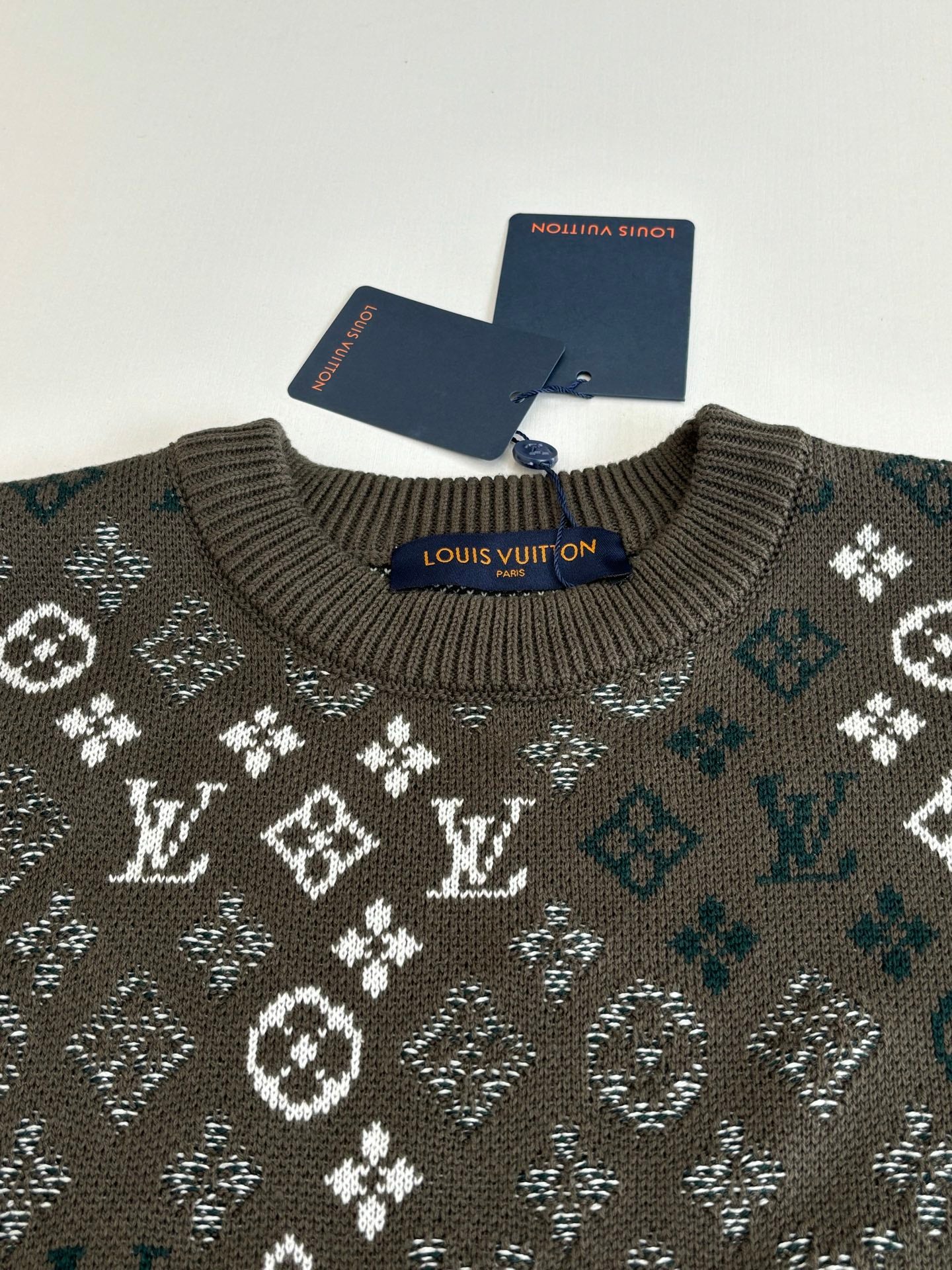 Crewneck knit sweater neckline with dark ribbed collar and allover pattern