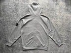 Gray zip-up hoodie with hood and drawstrings, back view