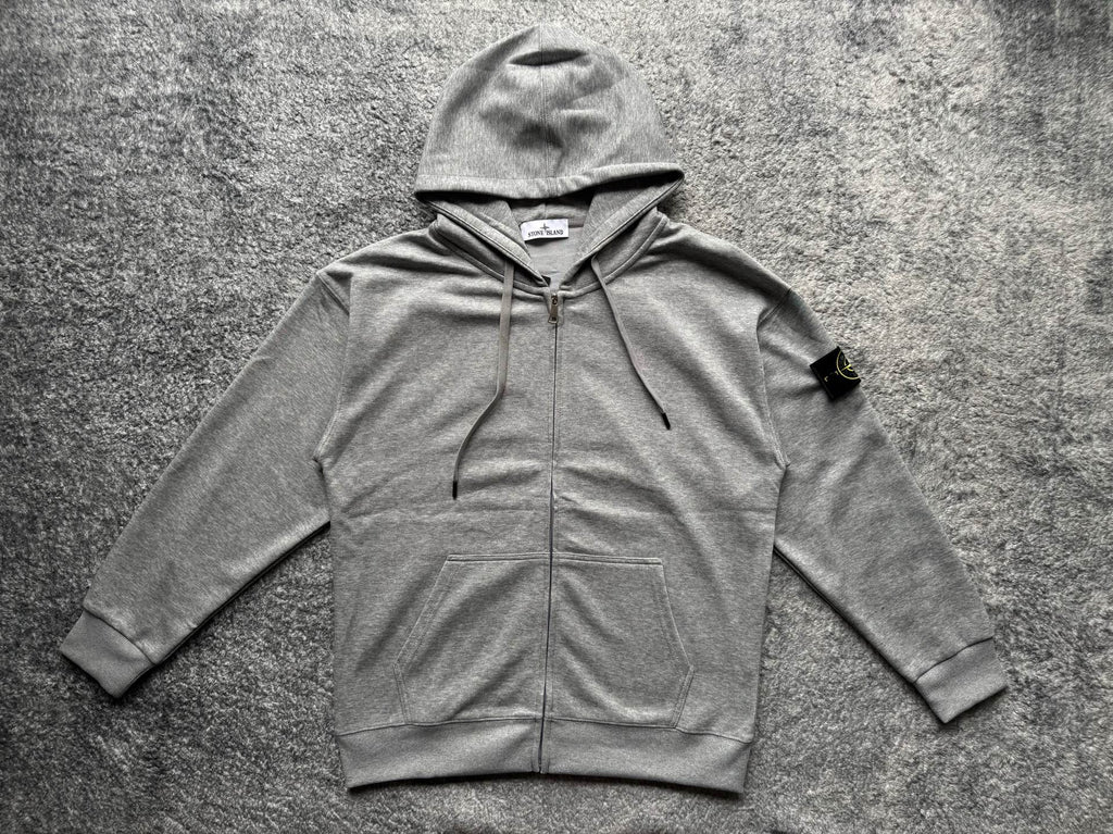 Gray zip-up hoodie with drawstring hood and front kangaroo pocket