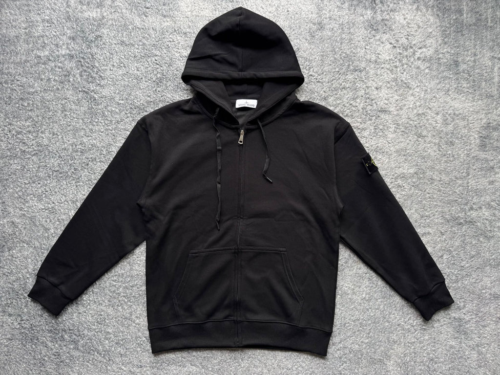 Black zip-up hoodie with drawstring hood and front kangaroo pocket