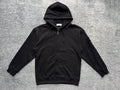 Black zip-up hoodie with drawstring hood and front kangaroo pocket