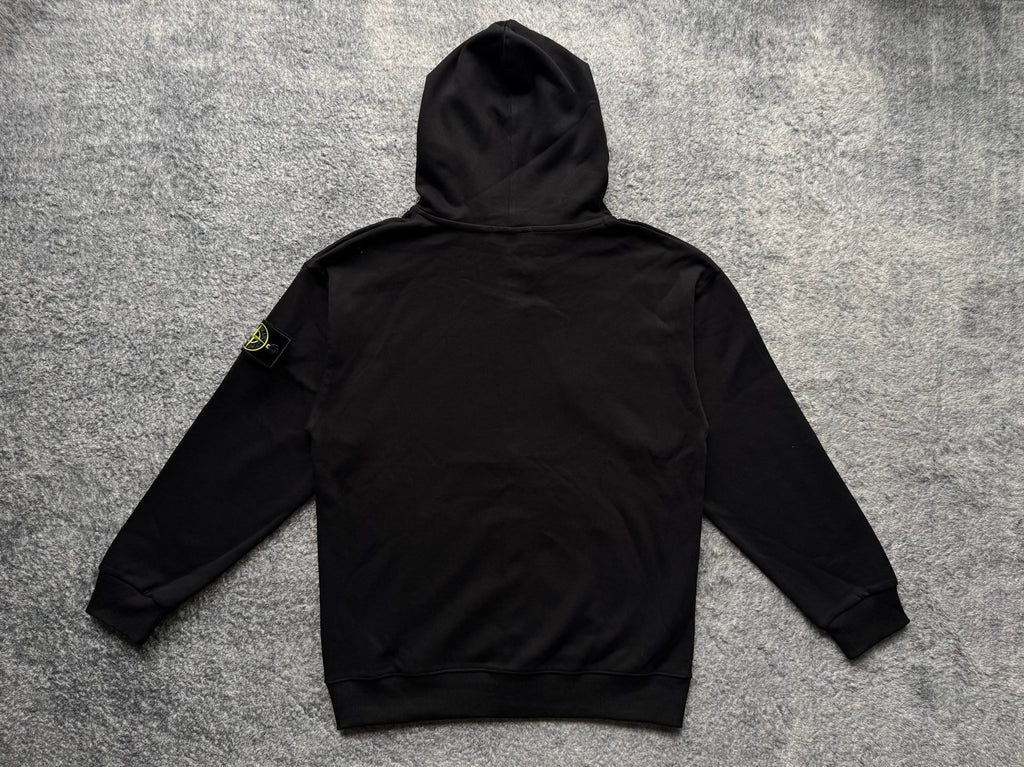Black zip-up hoodie with hood, drawstrings, and pouch pocket, back view