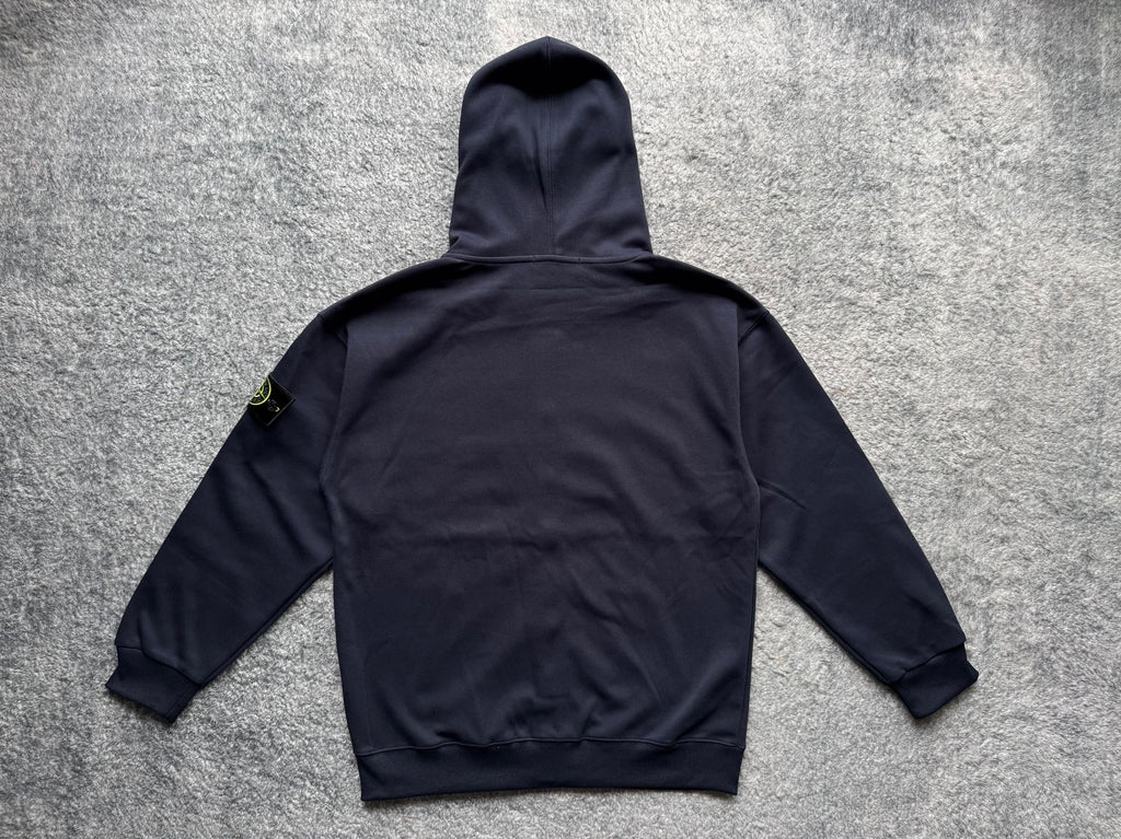 Navy zip-up hoodie with hood and drawstrings, back view