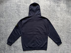 Navy zip-up hoodie with hood and drawstrings, back view