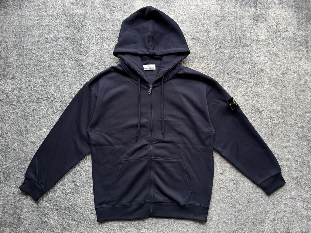 Navy zip-up hoodie with hood, drawstrings, and front kangaroo pocket