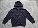 Navy zip-up hoodie with hood, drawstrings, and front kangaroo pocket
