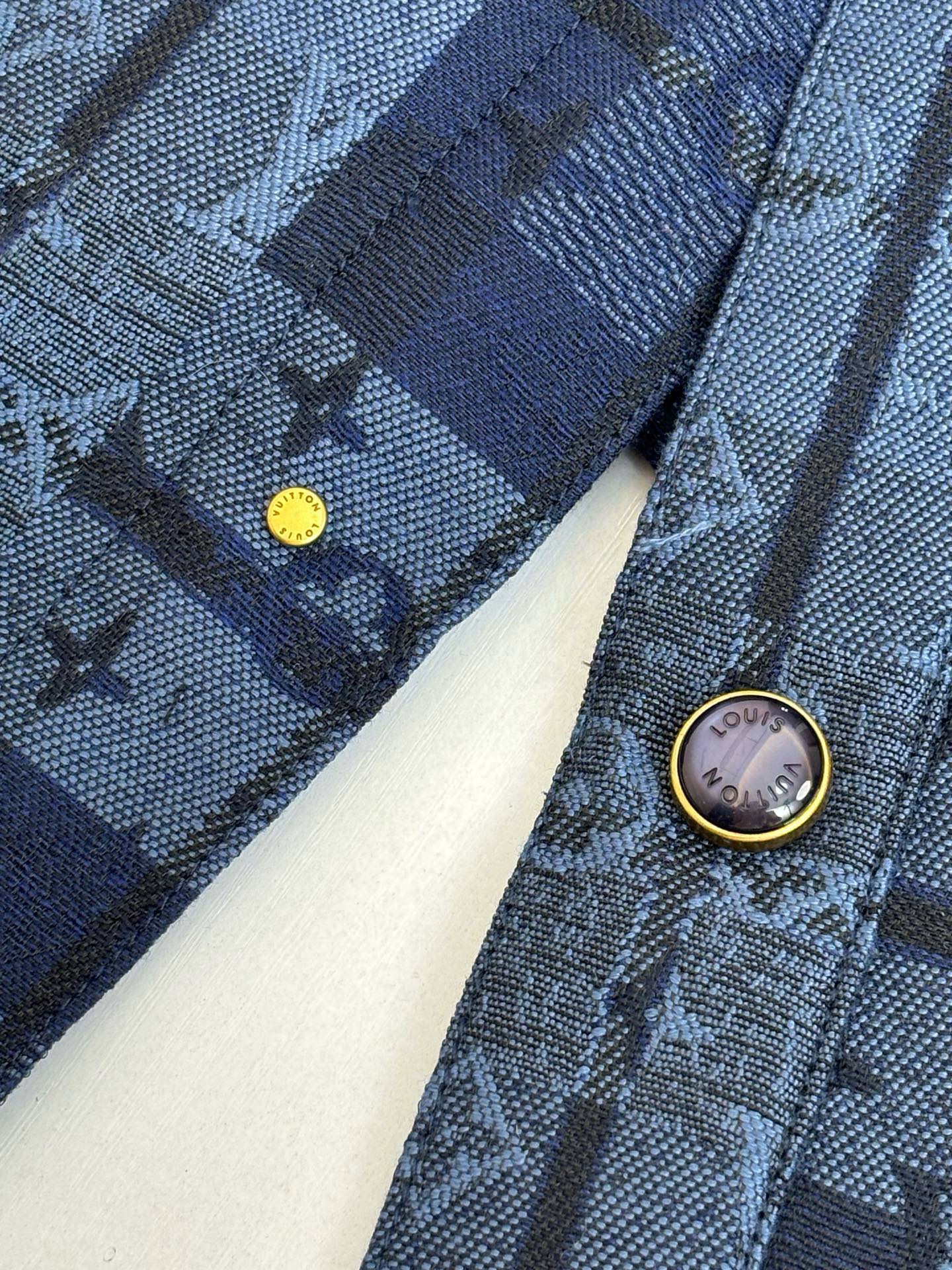 Louis Vuitton blue plaid jacket sleeve cuff with round gold button