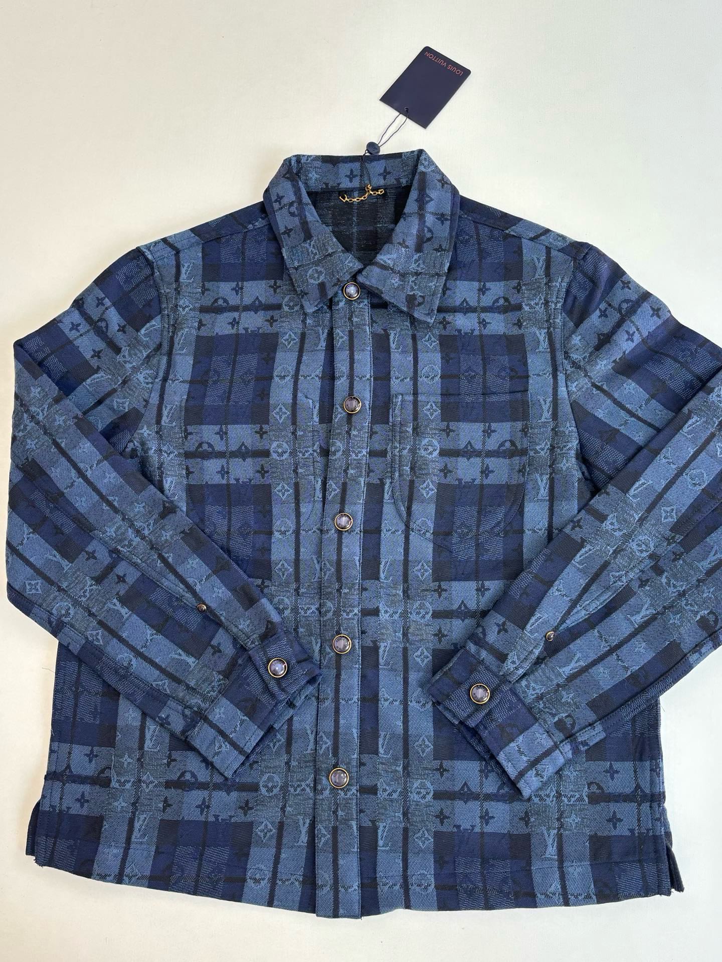 Louis Vuitton blue plaid long-sleeve jacket with stand collar and gold buttons