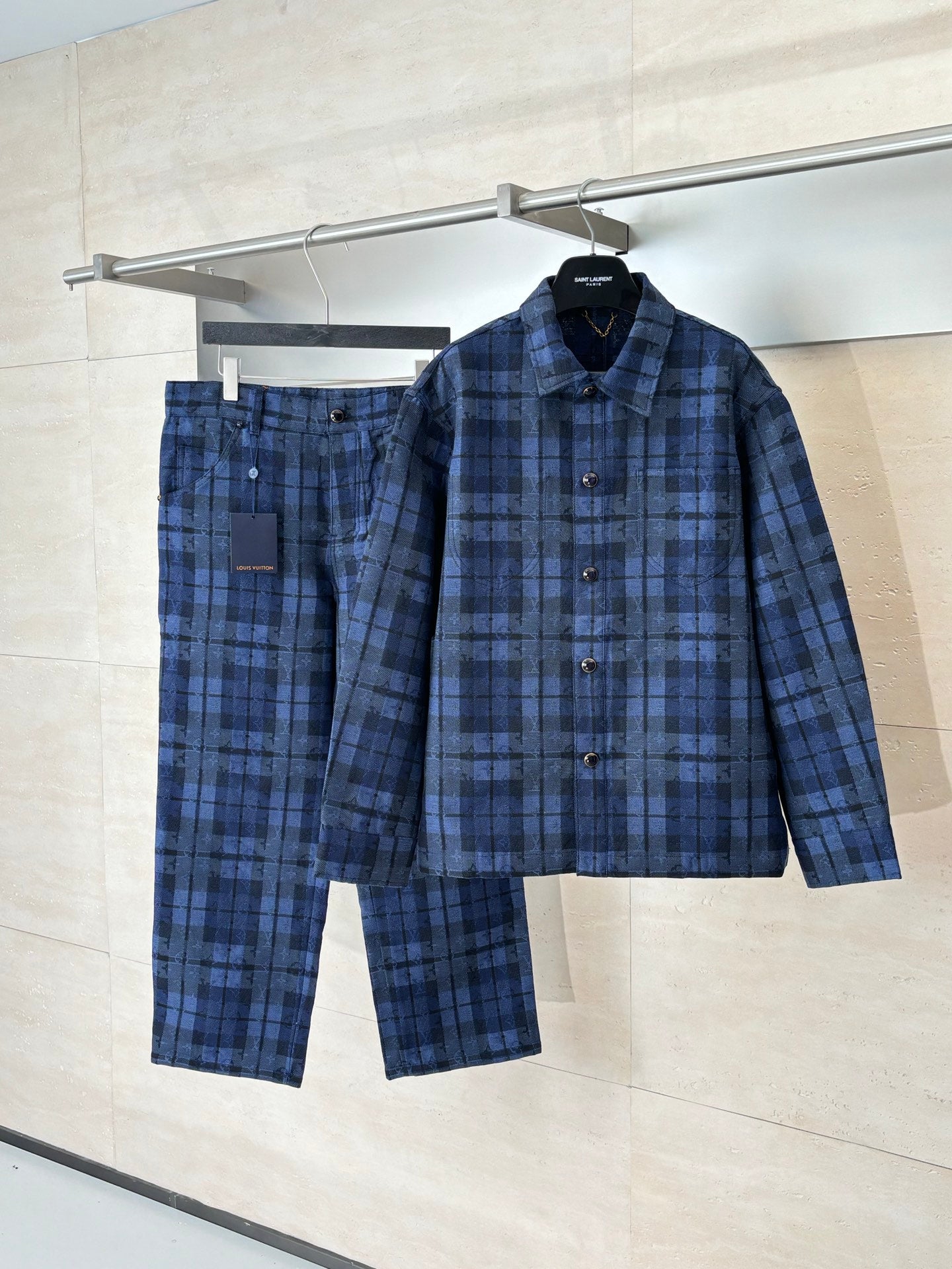 Louis Vuitton blue plaid long-sleeve jacket and matching trousers set