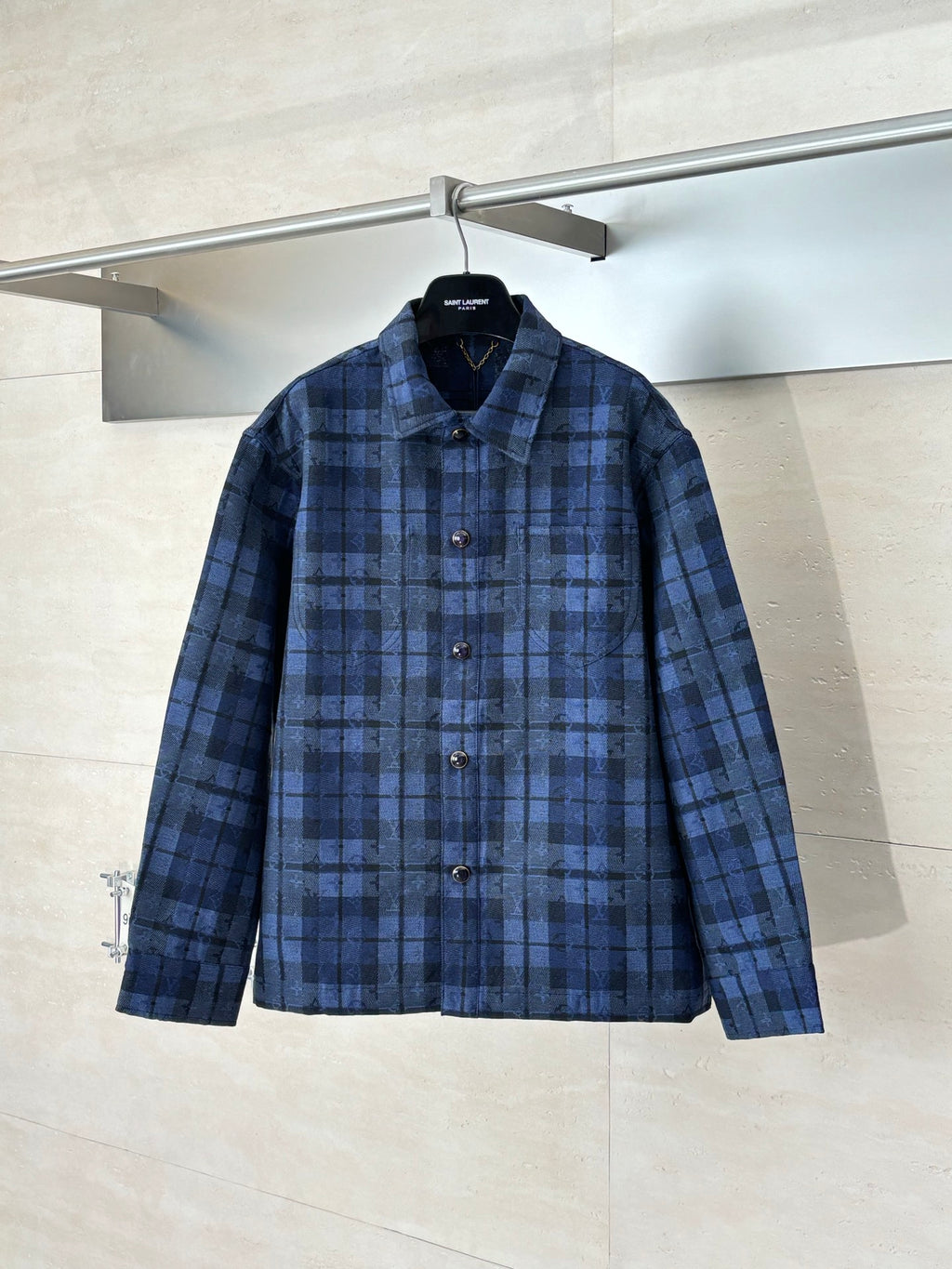 Louis Vuitton blue plaid long-sleeve jacket with front button closure and chest pockets