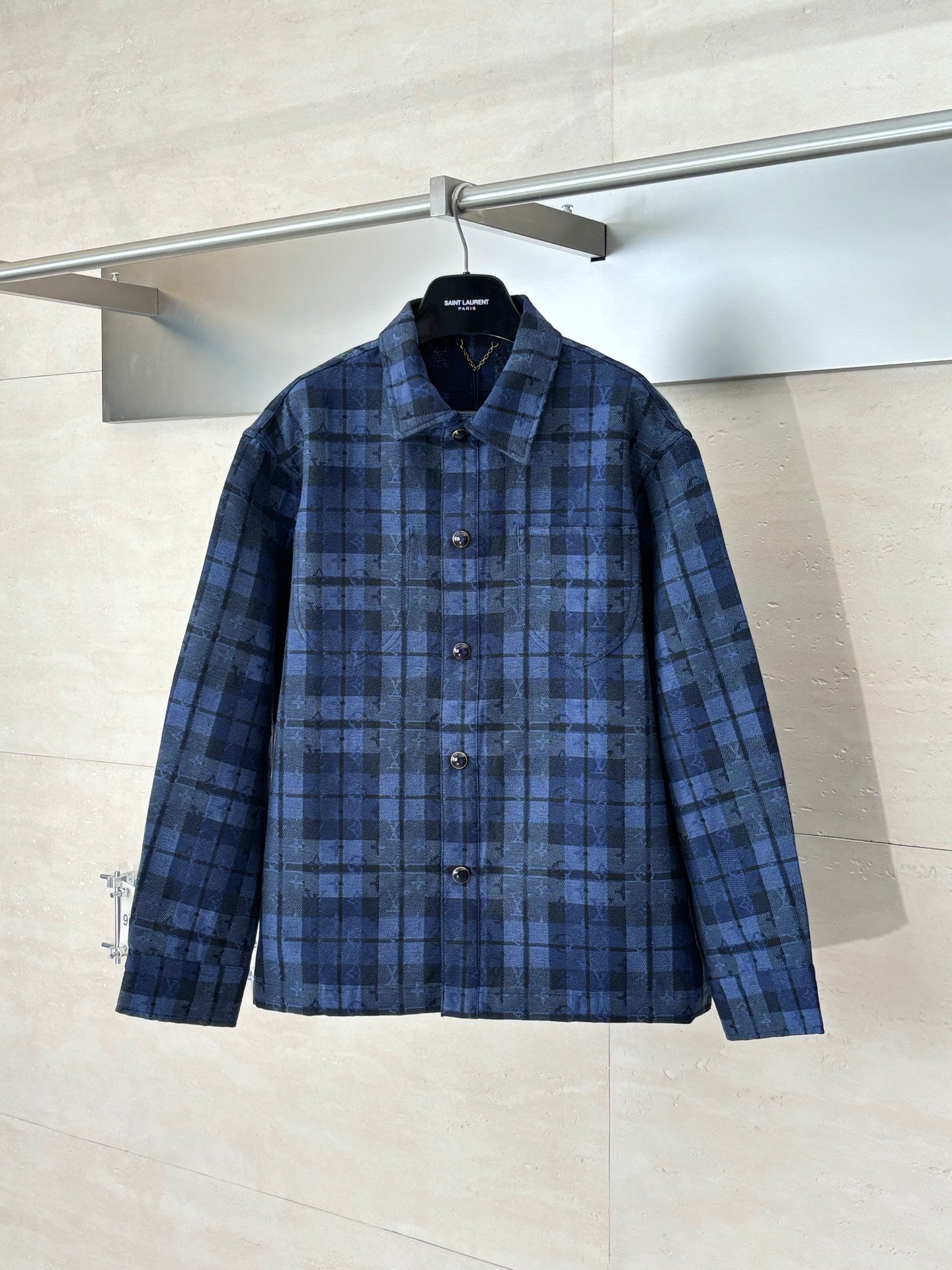 Louis Vuitton blue plaid long-sleeve jacket with front button closure and chest pockets