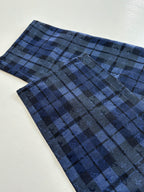 Dark blue plaid trousers with back yoke and straight waistband seam