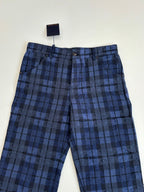 Dark blue plaid trousers with button waistband, belt loops, and side pockets