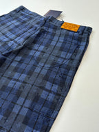 Blue plaid pants with waistband and front button, Louis Vuitton tag