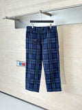Louis Vuitton plaid pants, dark blue with black grid pattern, front button closure