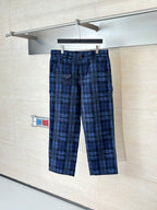 Louis Vuitton plaid pants, dark blue with black grid pattern, front button closure