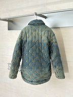 Louis Vuitton long denim jacket, back view with yellow monogram repeat pattern