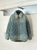 Louis Vuitton long denim jacket with yellow monogram pattern, button front, full sleeves