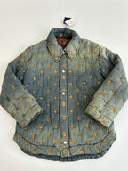 Louis Vuitton long denim jacket, front view with yellow monogram pattern and snap buttons