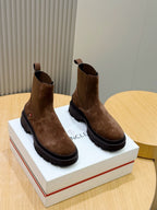 Moncler brown suede Chelsea boots with elastic side panels and chunky rubber soles