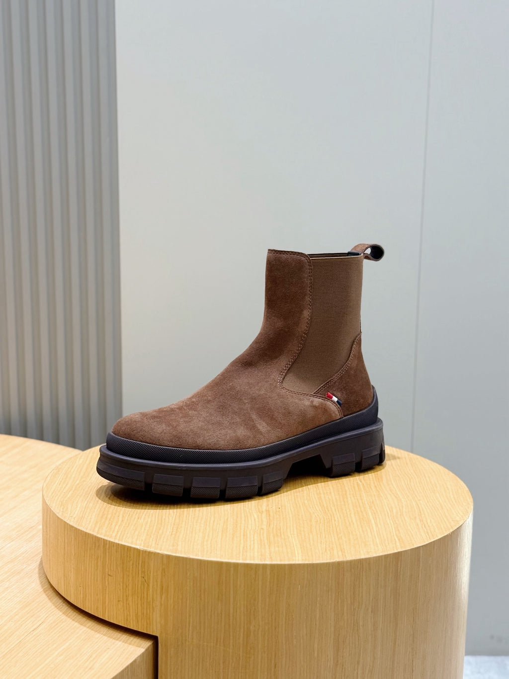 Moncler brown suede Chelsea boot with elastic gore and dark rubber sole