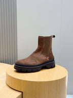 Moncler brown suede Chelsea boot with elastic gore and dark rubber sole