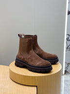 Moncler brown suede Chelsea boots with elastic gore and treaded sole