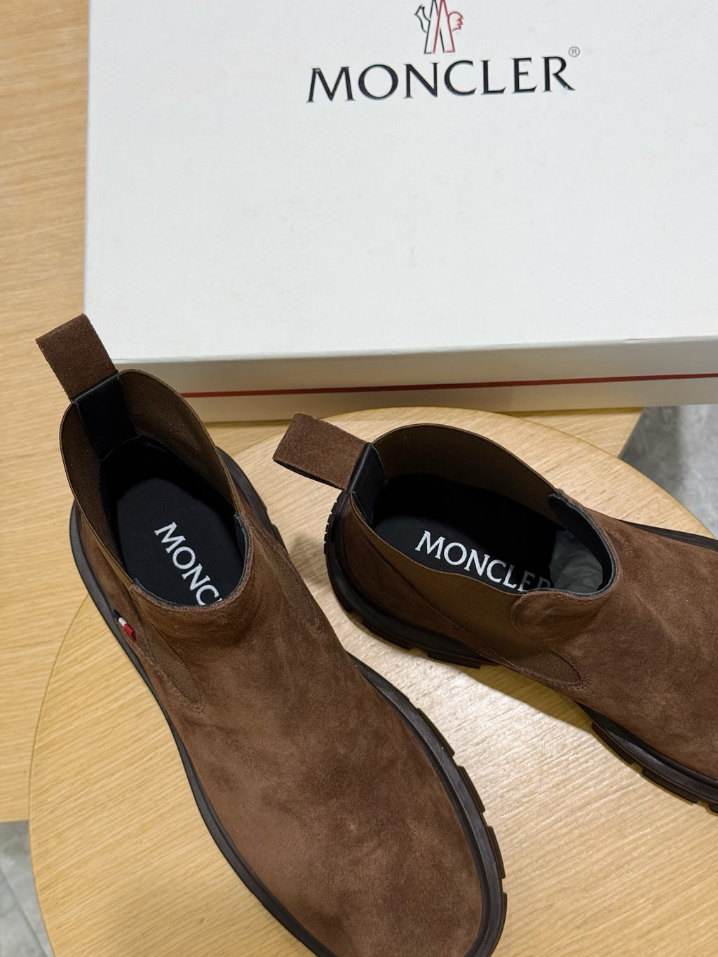 Moncler brown suede ankle boots with logo lining and elastic side panels