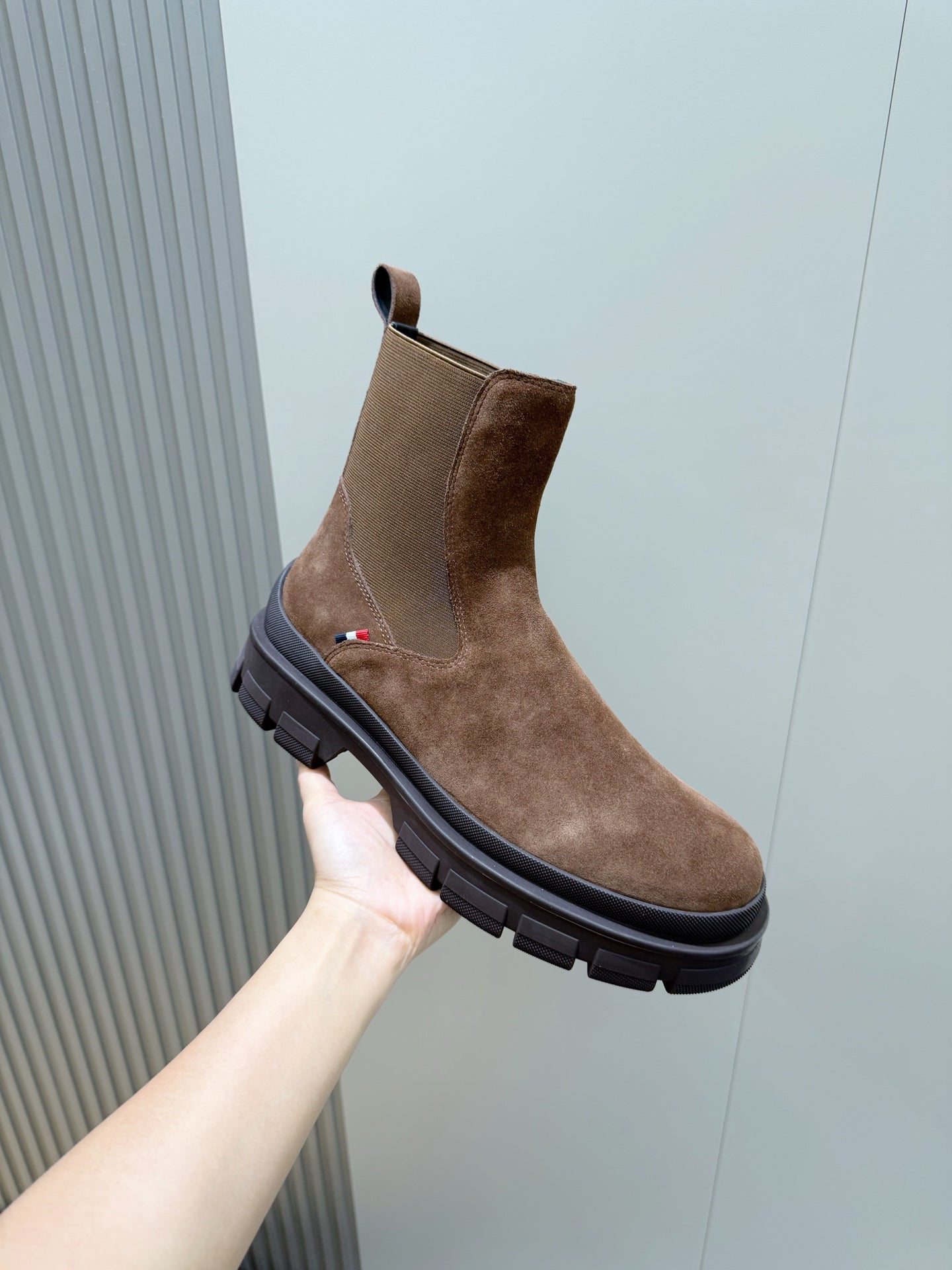 Moncler brown suede Chelsea boot with elastic gore and lug rubber sole