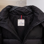 Moncler long puffer jacket with hood, interior collar label, black