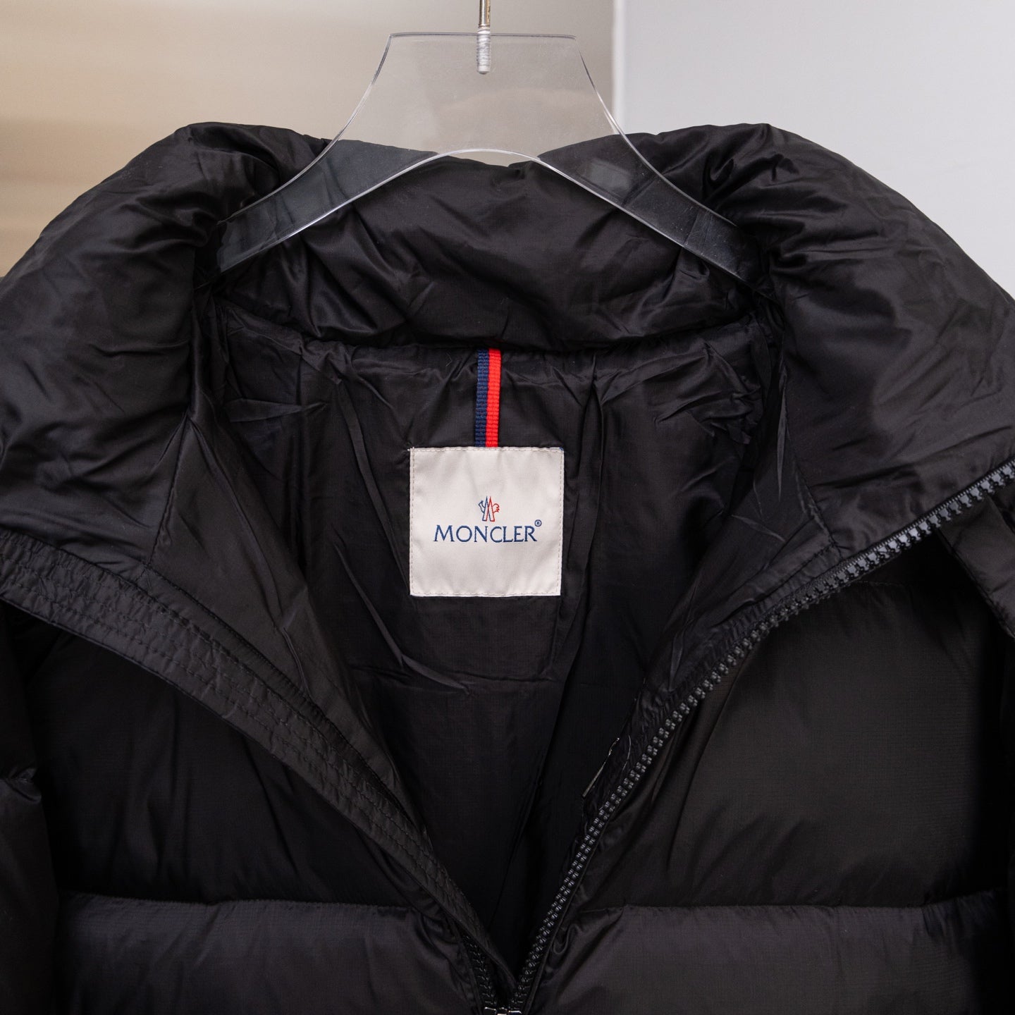 Moncler long puffer jacket with hood, interior collar label, black