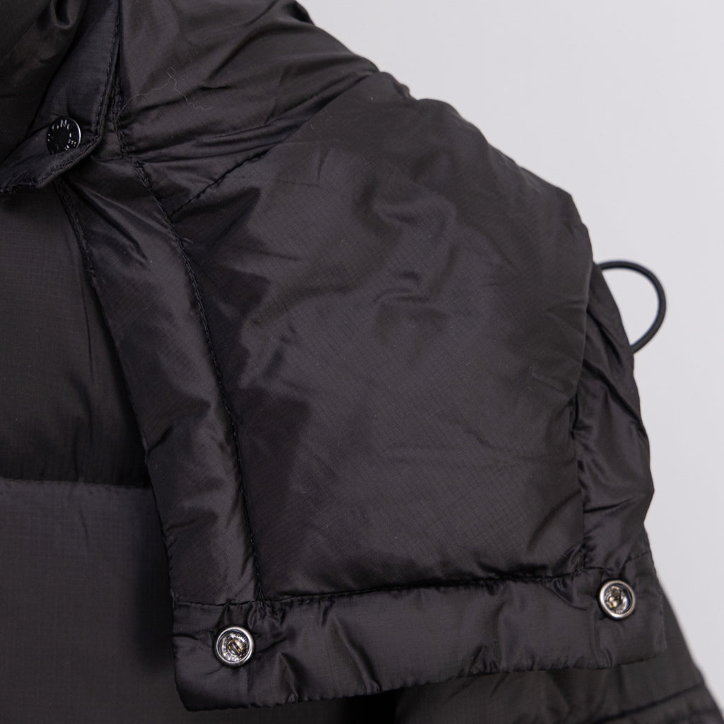 Moncler long puffer jacket shoulder with button details, black