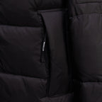 Long black puffer jacket, inner label at side seam