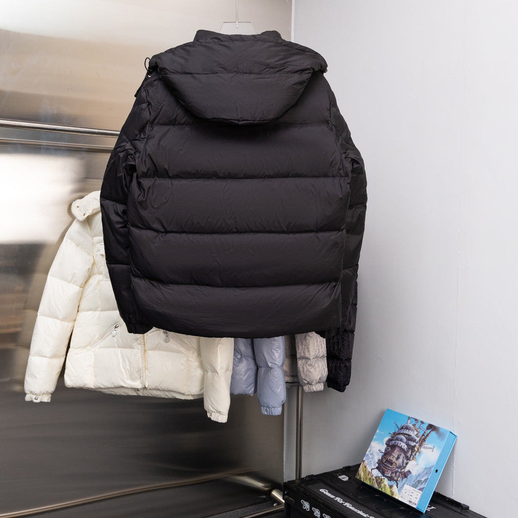 Moncler long puffer jacket with hood, back view, black