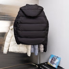 Moncler long puffer jacket with hood, back view, black