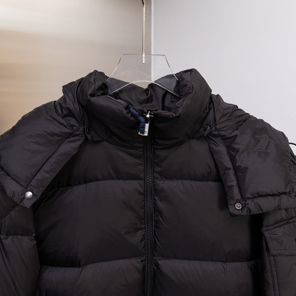 Moncler long puffer jacket hood with front zipper, black