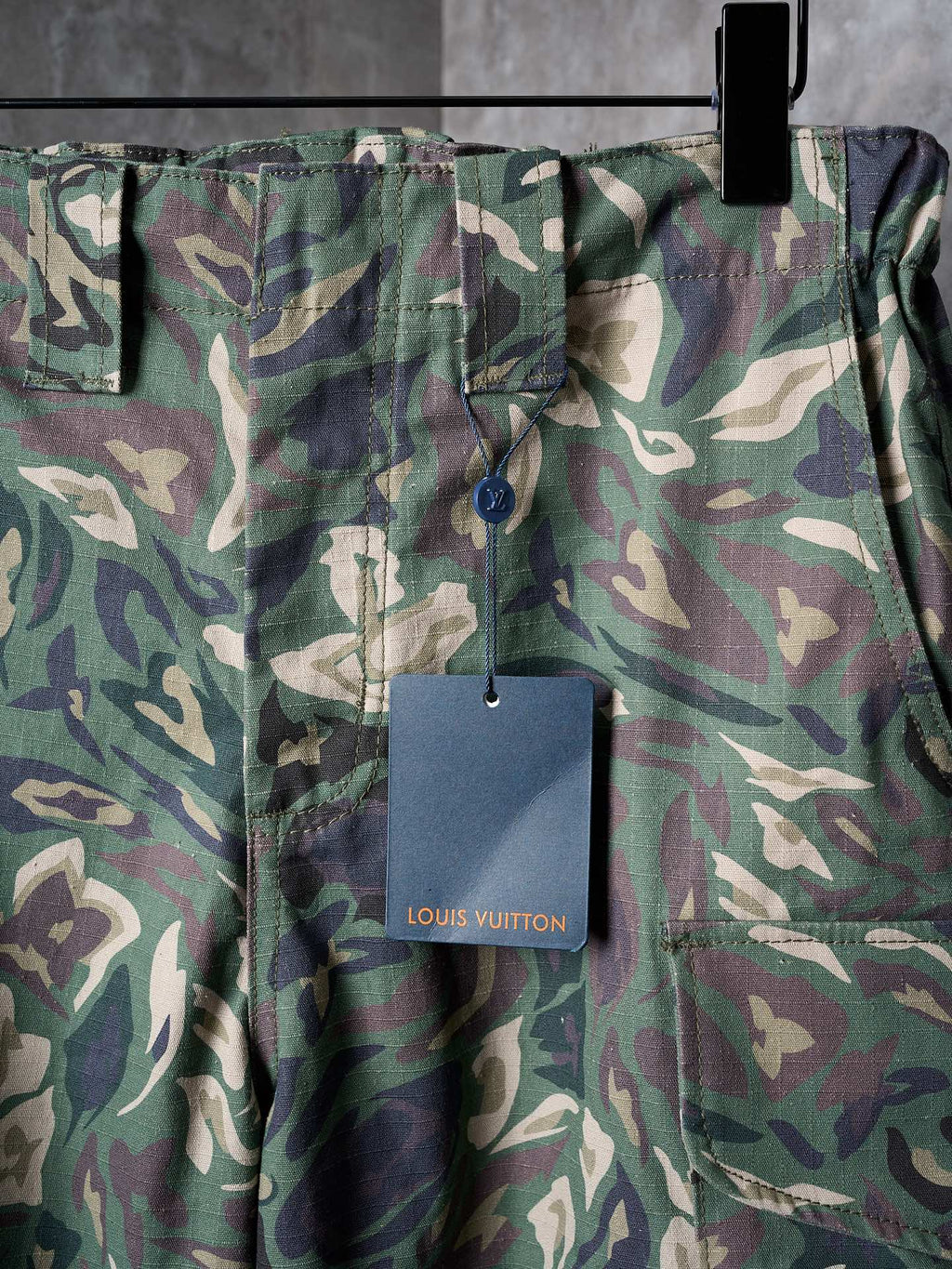 Louis Vuitton camouflage shorts fabric with drawcord waistband and hanging tag